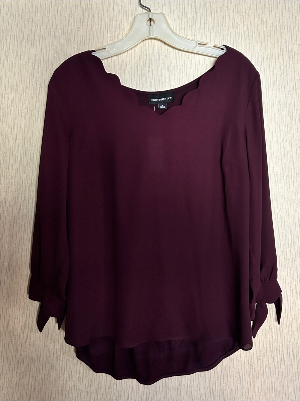 Fortune + Ivy Women Scalloped Neckline Tie Sleeve Blouse Purple Size Medium